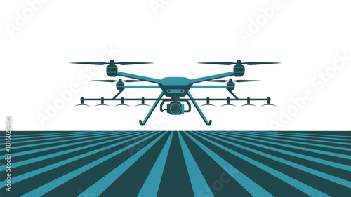 A modern agricultural drone with spraying arms is depicted in a striking silhouette against a clean white background hovering over stylized green rows representing a cultivated field silhouette