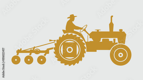 Farmer driving an old tractor with a plow attached working in a field agricultural scene silhouette