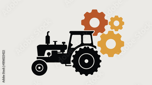 A black silhouette of a vintage tractor with orange and yellow gears emerging from its side symbolizing agricultural machinery and industry silhouette