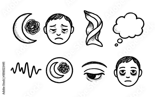 Hand drawn depiction of insomnia and sleep disturbance symbols