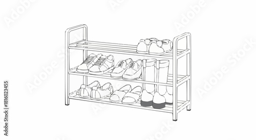 Minimalist line art illustration of a three tier shoe rack for storage and organization.