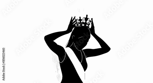 Elegant silhouette of a woman placing a crown on her head, symbolizing achievement and victory.
