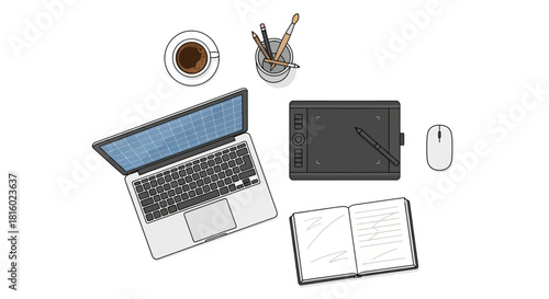 Workspace aerial view illustration featuring essential elements for creative productivity