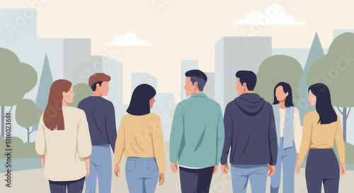 Diverse group of young adults walking together in an urban setting.