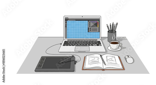 Illustrative workplace setup with digital tablet, laptop, sketchbook and coffee cup