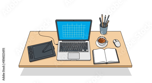 Creative workspace with digital tools, coffee, and notebook for planning and inspiration