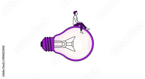 Illustration of a man sitting atop a large lightbulb representing creative insights and solutions