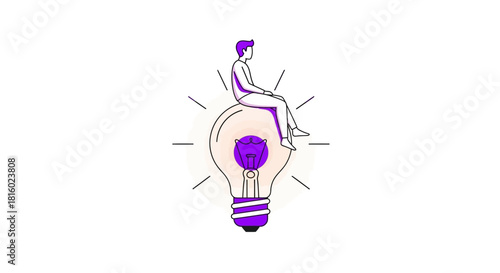 Conceptual illustration of a person resting atop a bright lightbulb representing inspiration and