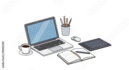 Creative workspace illustration with laptop, tablet, notebook and coffee cup depiction of modern