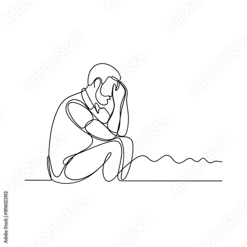 Man sitting with head in hands in sketch style