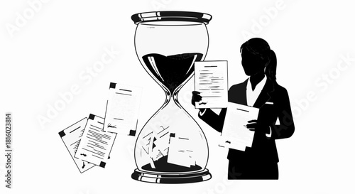 Silhouette of businesswoman holding documents near an hourglass representing time management and deadlines.