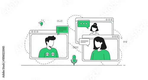 Conceptual illustration of virtual communication technology and online meetings
