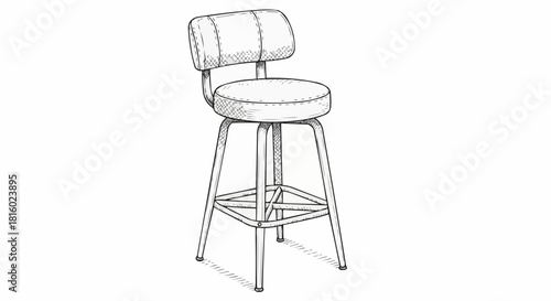 Detailed Sketch of a Classic Swivel Bar Stool with Backrest.