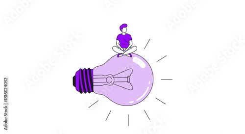 Man meditating on a giant lightbulb, representing innovative ideas and enlightenment
