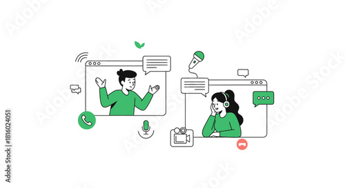 Virtual engagement: Illustrated vector art of online communication with video call connections