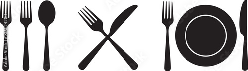 Fork, knife, spoon and plate set icons. Tableware set flat style. Dinner service collection. Plate, fork and knife for apps and websites. Dinner service - stock vector