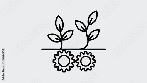 Simple line art silhouette of two growing plants emerging from intertwined gears representing growth and industry