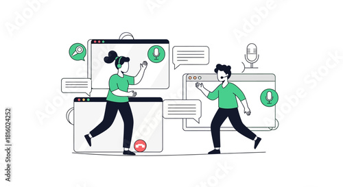 Online communication scene depicting virtual meetings and digital interaction design concept