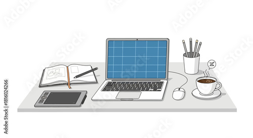 Creative workstation with laptop digital tablet sketchbook and coffee for designers illustrators