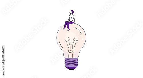 Contemplative figure on a giant lightbulb, pondering innovative ideas and creative solutions,