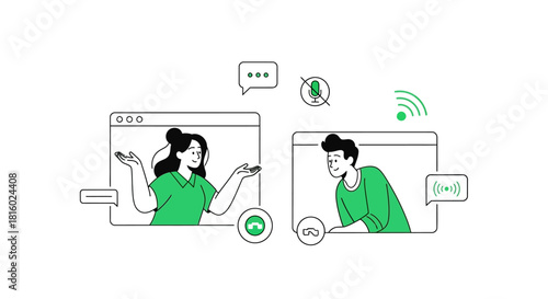 Illustration of a virtual meeting with a man and woman engaged in a digital conversation