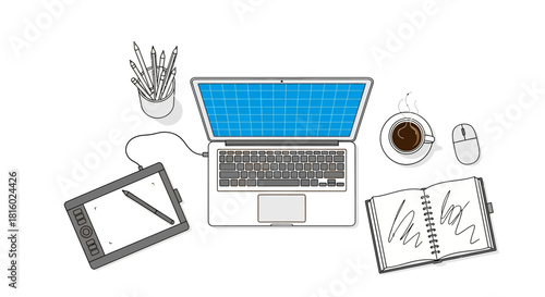 Illustrative Workspace Setup: Laptop, Drawing Tablet, Coffee and Sketchbook Ready for Creation