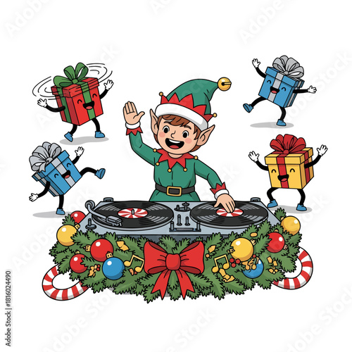 Holiday cheer Christmas DJ elf mixing music with festive dancing gifts and joyful celebration spirit