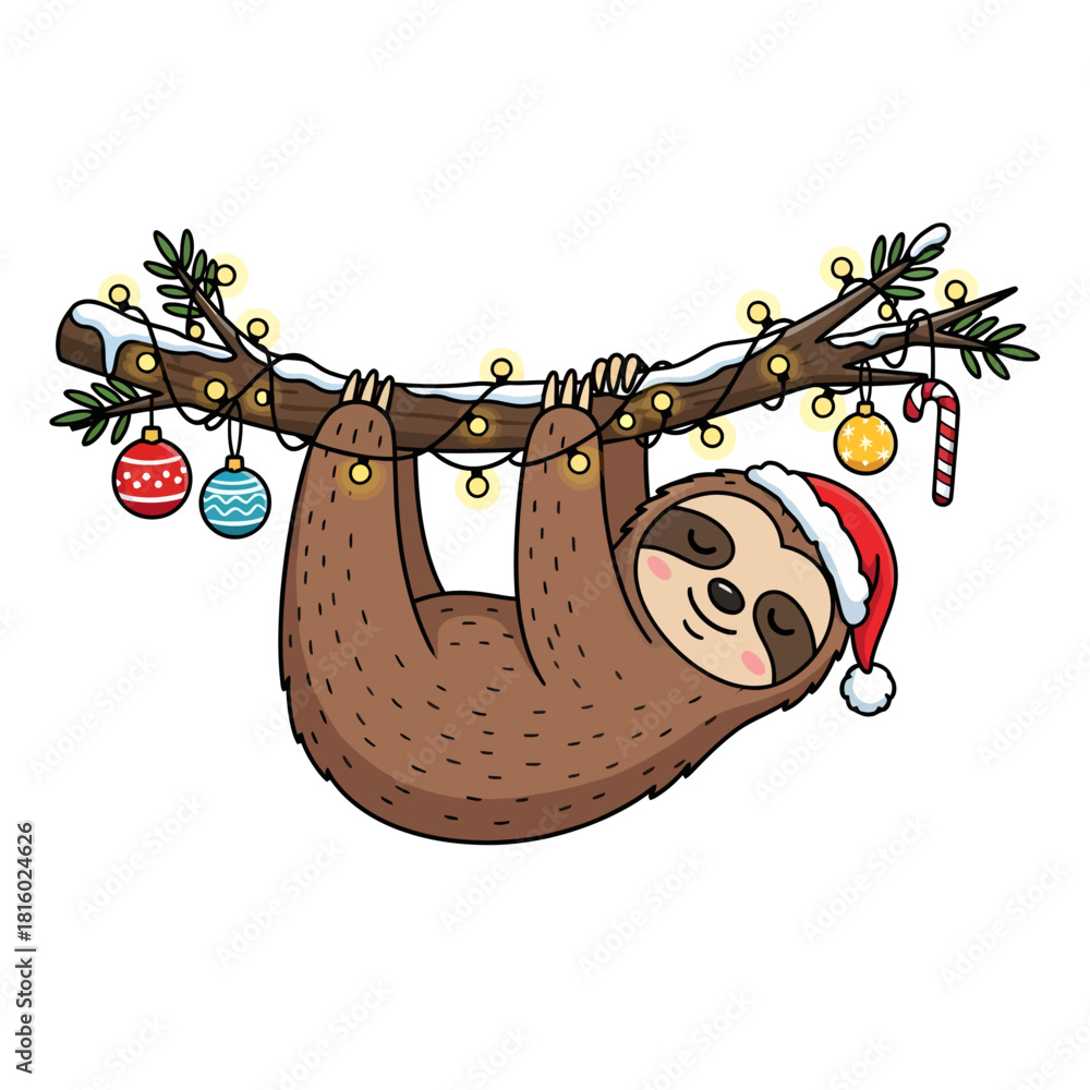 Obraz premium Adorable Christmas sloth hanging from a festive branch with lights and ornaments spreading holiday cheer