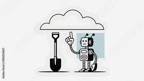 A friendly robot with a shovel points to a cloud in a simple line art silhouette style representing cloud computing and digital storage solutions