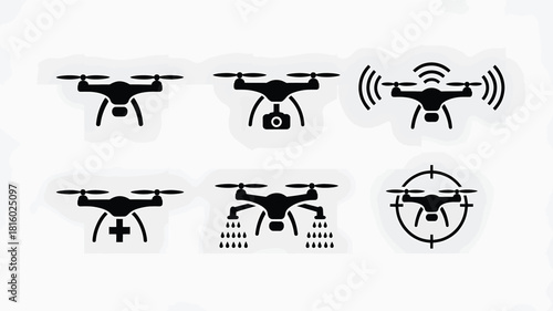 Collection of six distinct drone icons in a clean black silhouette style showcasing various drone types and functionalities for technology and aviation themes silhouette