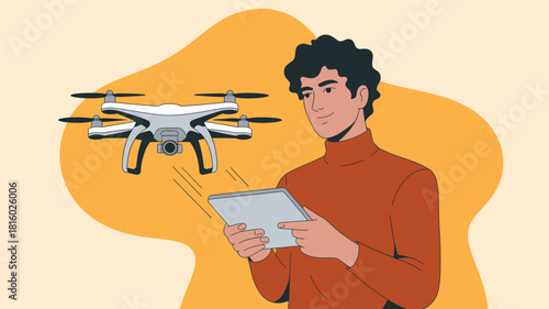 A man in a silhouette controlling a drone with a tablet device in a stylized modern illustration silhouette