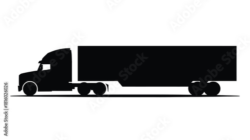 Bold black silhouette of a modern semi trailer truck with a long cargo box on a white background representing transportation and logistics silhouette
