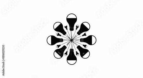 Abstract radial pattern of light bulbs symbolizing creativity and ideas on a white background.