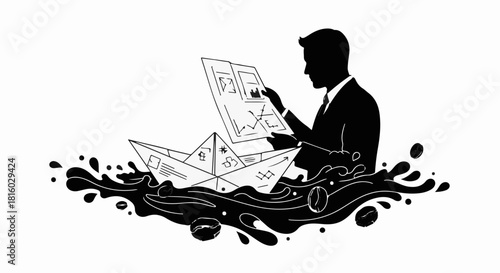 Businessman navigating a sea of challenges on a paper boat, analyzing charts.