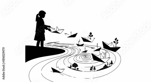 Young girl launching paper boats into a flowing river, symbolizing dreams and imagination taking flight.
