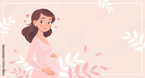 Cute expectant mother with flowers on pink background with flowers. 