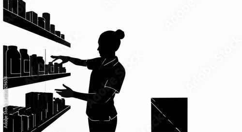 Silhouette of a person reaching for products on a retail shelf, suggesting shopping or selection.