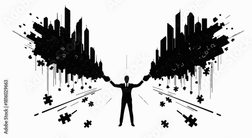 Businessman creating abstract urban landscape from scattered puzzle pieces