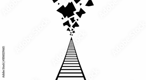 Abstract train tracks leading to a sky filled with dissolving geometric shapes