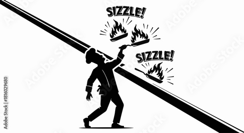 Dynamic chef expertly balances multiple sizzling pans on a tilted surface.