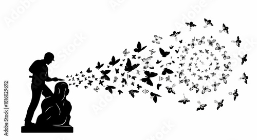 Artist bringing a statue to life with a swarm of butterflies, symbolizing creation and transformation.