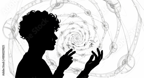 Silhouette of a person contemplating a complex swirling pattern, representing thought and discovery