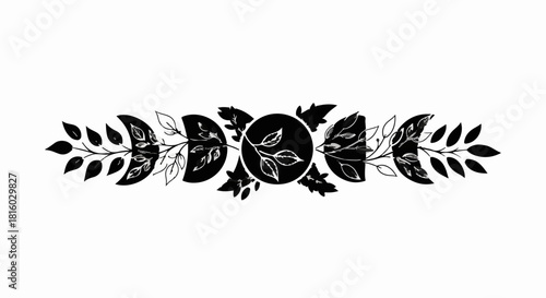 Mystical moon phases and botanical elements create a celestial border design