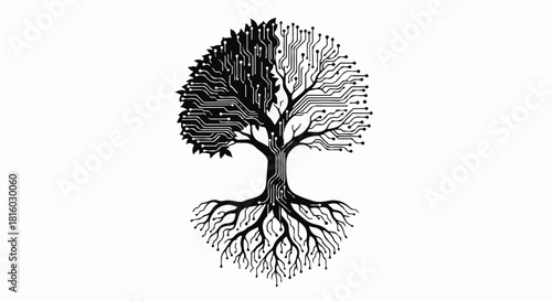 Symbolic tree with nature and technology branches, representing growth and innovation.