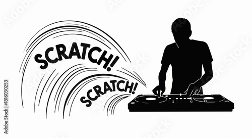 Silhouette of a DJ scratching records with energetic sound waves emanating from the turntable