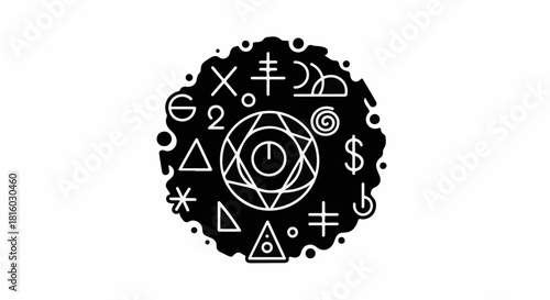 Mysterious circular emblem with occult symbols and geometric shapes