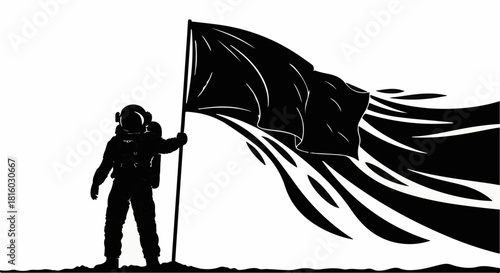 Astronaut plants black flag on alien terrain, symbolizing exploration and achievement.