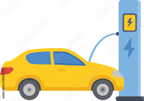 A yellow electric car is shown charging at a modern blue station