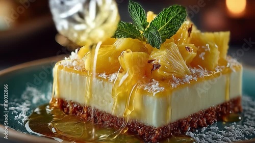 Delicious pineapple dessert with syrup drizzled on a plate