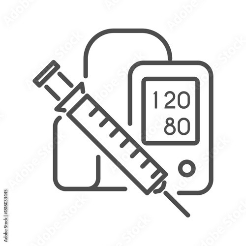 Medical device icons featuring blood pressure monitor and syringe in clean line style. Healthcare equipment pictograms for hospital diagnostic tools and surgical instruments.